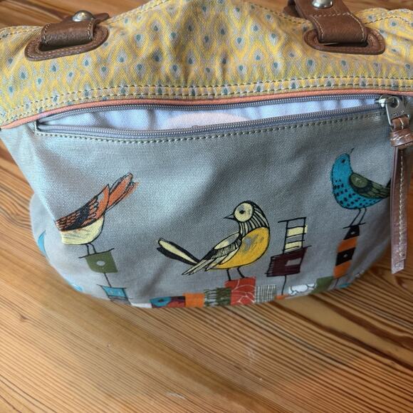FOSSIL Key-Per Tote Gray Coated Canvas Shoulder Bag Purse City Birds GUC - Picture 6 of 16